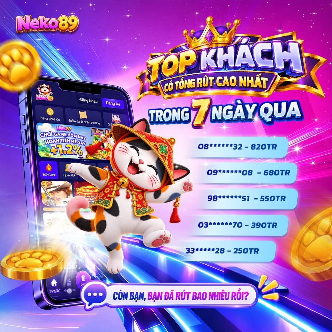 Top khách có tổng rút cao nhất 7 ngày qua tại Neko89 Việt